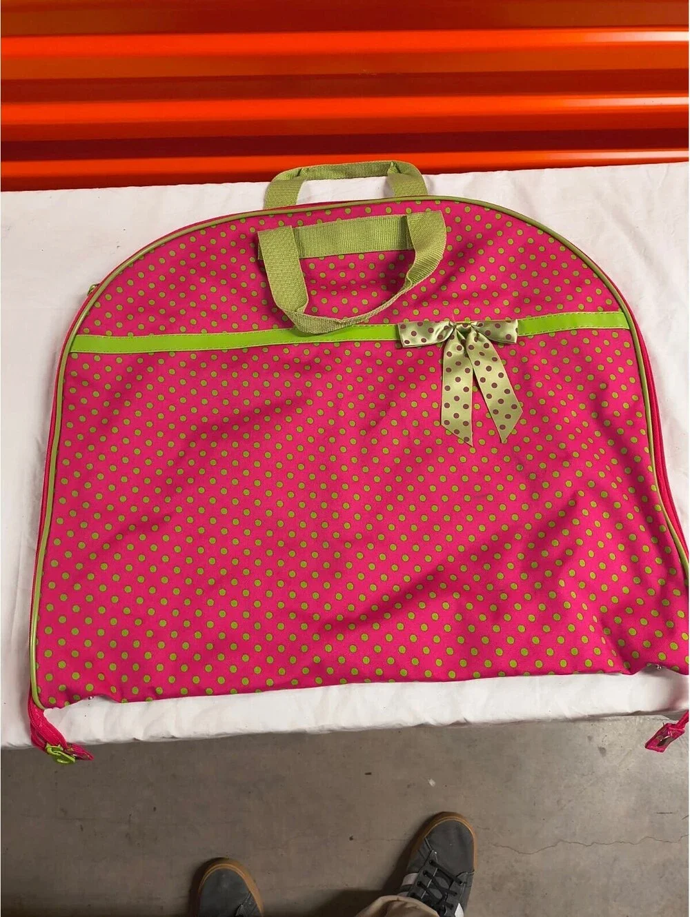 Pink and Green Polka Dot Garment Bag with Bow Accent
